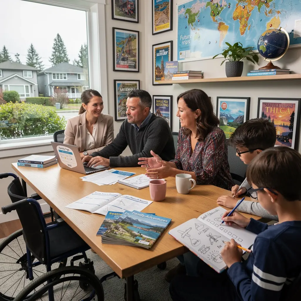 Rodzina ciesząca się wspólnym czasem na plaży, budująca zamek z piasku.