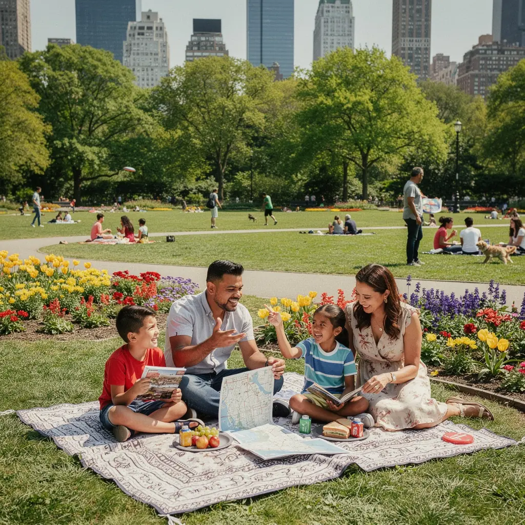 Rodzina spacerująca po ścieżce w lesie, podziwiająca przyrodę.