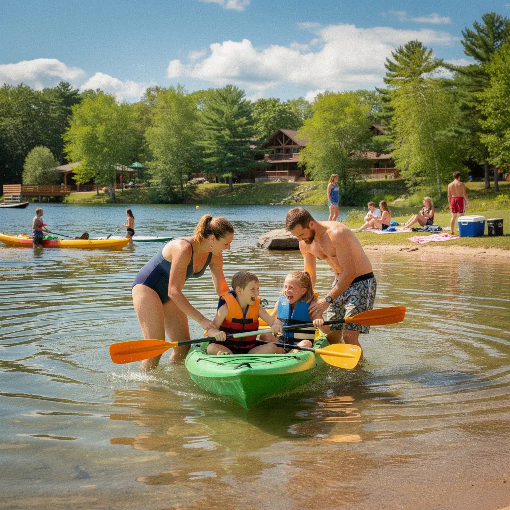 Rodzina podróżująca po parku narodowym z wózkiem dziecięcym.